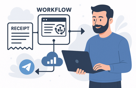 Ein Workflow wird in BIldern geziegt, Rechnung in pdf hochladen zur Cloud und benachrichtigung in telegramm