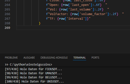 Python Code und ein Bot der im Terminal Coins scannt