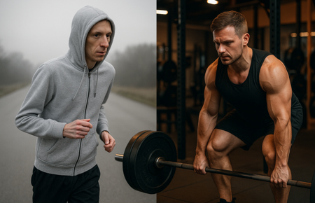 Wendepunkt: vom Jogger zum Kraftsportler: Split-Bild: links ein sehr schlanker Läufer mit Kapuzenpullover, der allein durch eine graue Landschaft joggt; rechts dieselbe Person im Fitnessstudio beim Heben einer Langhantel, muskulöser, konzentrierter Blick,