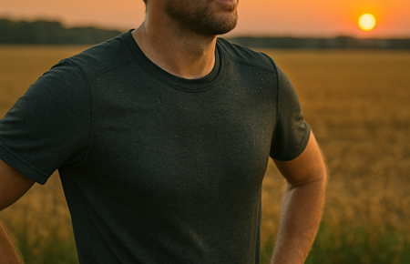 Person, die nach dem Lauf an einem Feldrand steht, Hände in die Hüften gestützt, atmet tief Schweiß im Gesicht, aber ein ruhiger, klarer Blick in die Ferne am Horizont warmes Licht, das für Erleichterung und innere Ordnung nach dem Lauf steht