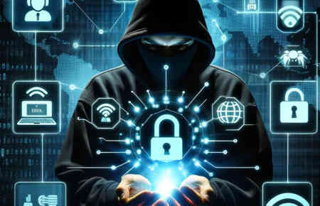 Das Bild zeigt Elemente wie einen Hacker in einer dunklen Umgebung, ein aufgebrochenes digitales Schloss, Symbole für IoT-Geräte und öffentliches WLAN sowie eine Weltkarte mit hervorgehobenem Deutschland als besonders gefährdete Region.