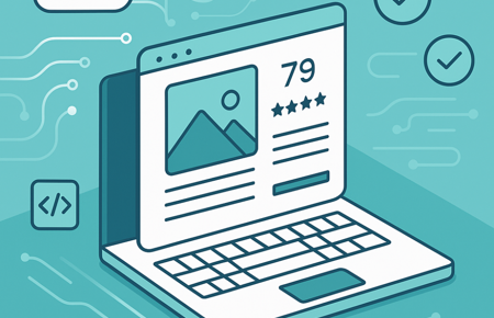 Illustration eines E-Commerce-Dashboards mit strukturierter Produktseite, Datenfeldern, Cloud-Icons und Symbolen für Datenqualität und Automatisierung.