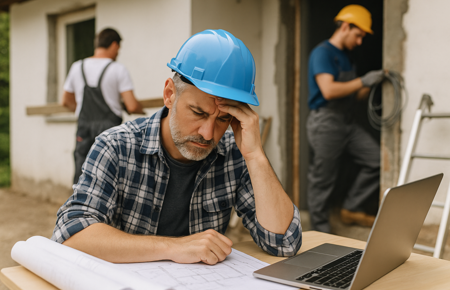 Ein Bauleiter mit blauem Schutzhelm sitzt nachdenklich vor Bauplänen an einem Tisch, im Hintergrund arbeiten zwei Handwerker an einem Rohbau.