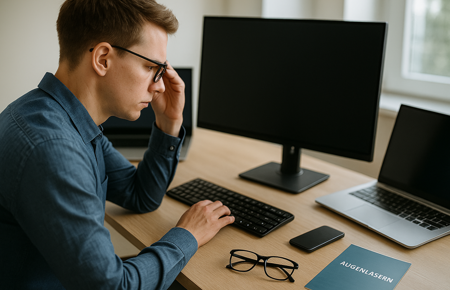 Unternehmer sitzt an modernem Arbeitsplatz mit mehreren Bildschirmen, neben ihm liegen Brille und Informationsmaterial zum Augenlasern