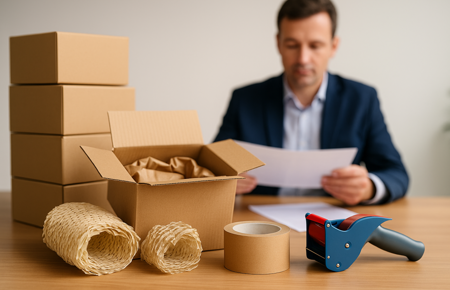 Ein Existenzgründer sitzt vor Verpackungsmaterial und sieht Bestellungen durch.