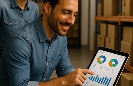 Zwei Mitarbeitende in einem modernen Lager nutzen ein Tablet mit sichtbaren Diagrammen und Auswertungen zur Steuerung eines digitalen Warenwirtschaftssystems.