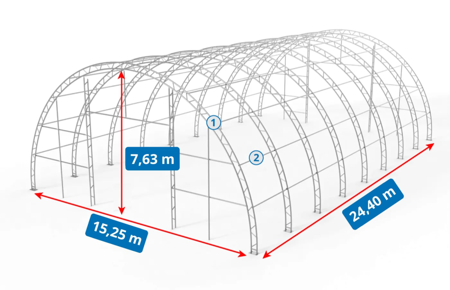 Rundhalle mit Stahltragwerk, schematische Darstellung der Konstruktion mit Maßen: Breite 15,25 m, Höhe 7,63 m und Länge 24,40 m