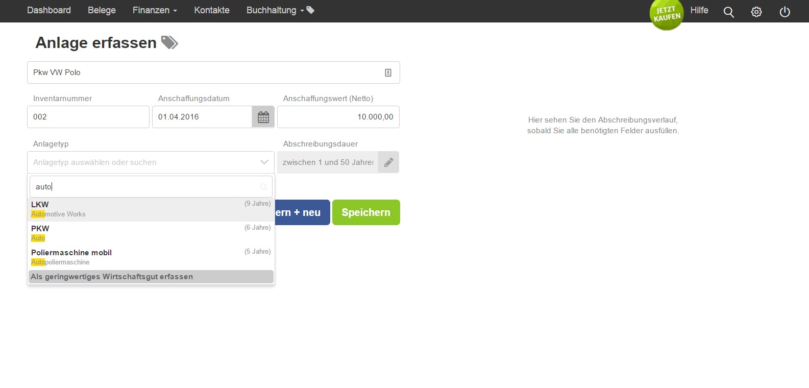 Anlagengut anlegen in lexoffice