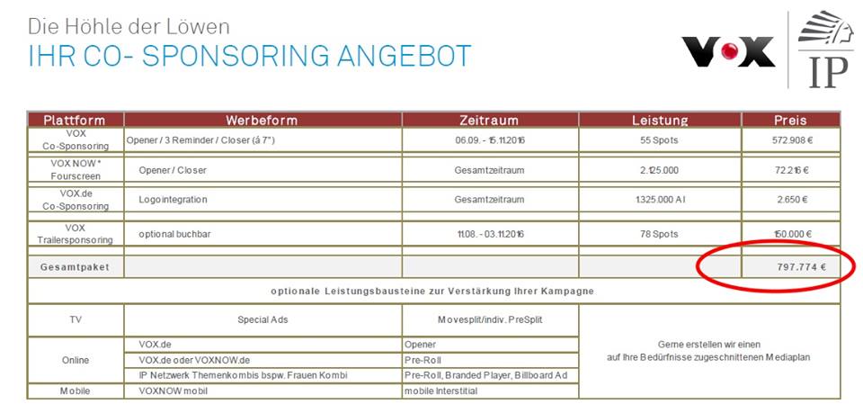 Angebot Fernsehwerbung von VOX zur Sendung