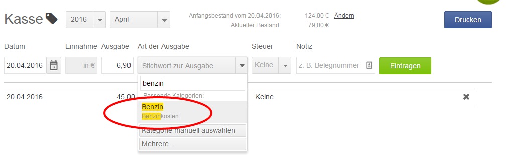 Kasseneintrag erfassen mit Suchfilter