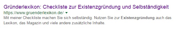 Meta Description vom Gründerlexikon als Beispiel für eine gut gewählte für das Suchergebnis