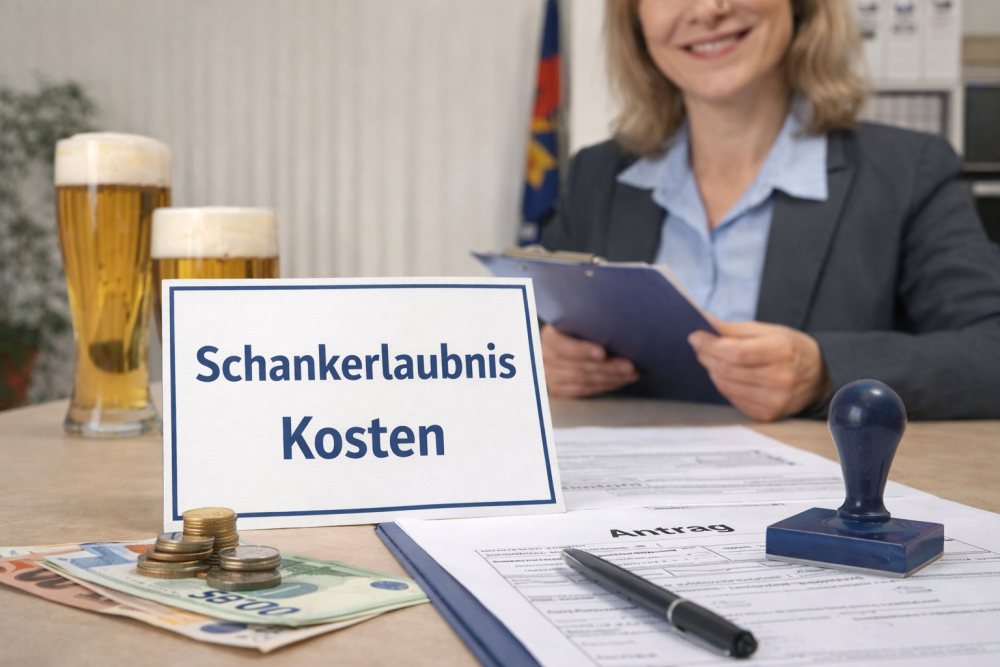 Auf dem amt Formulare, Stempel, 2 Gläser Bier, Geld, Kugelschreiber und Sachbearbeiterin zu sehen