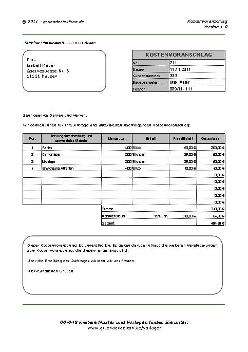 Screenshot der ausgefüllte Kostenvoranschlag als Muster