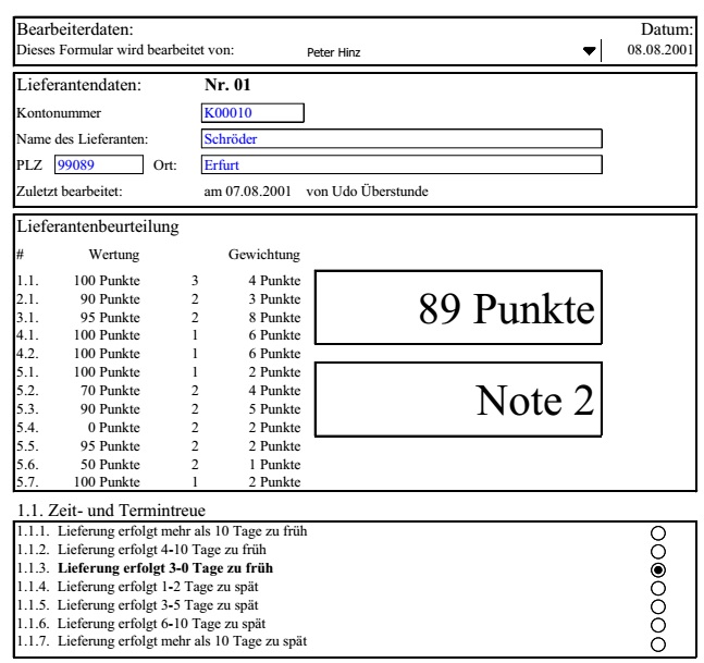 Ausschnitt Excel Lieferantenbewertung, Punktesystem und Notenvergabe