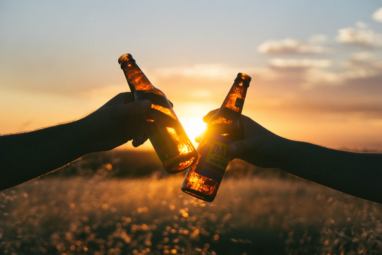 Zwei Flaschen Bier werden von zwei Händen vor einer untergehenden Sonne angestoßen, hier: was müssen Studenten bei der Existenzgründung beachten