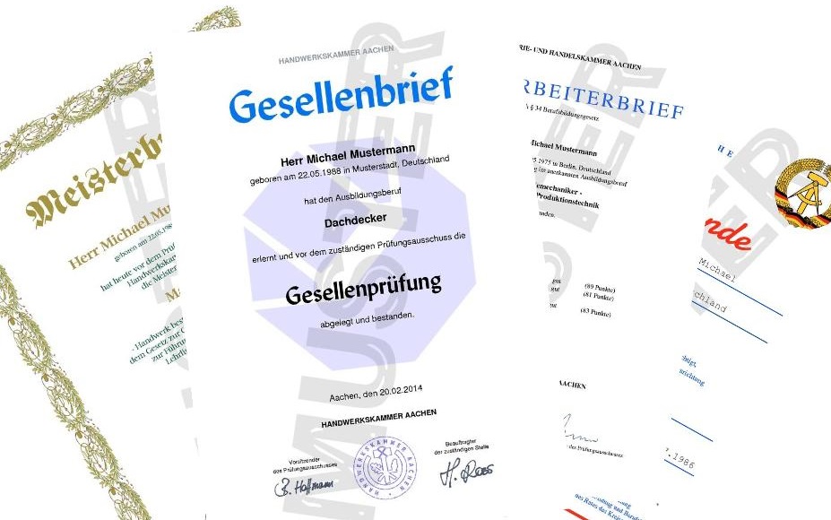 Collage zum Thema Ausübungsberechtigung: Meisterbrief, Gesellenbrief, Facharbeiterbrief, auch der von der DDR liegen wie ein Fächer übereinander