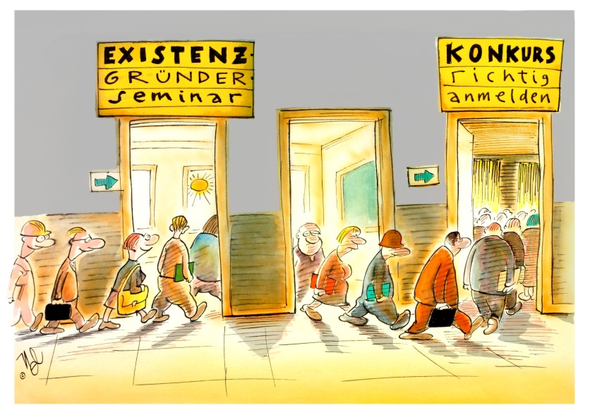 Karikatur Existenzgründerseminar von NEL: links in die Tür zum Existenzgründerseminar, rechts aus der Tür raus und in die darauffolgende Tür wieder rein zum Seminar Konkurs richtig anmelden