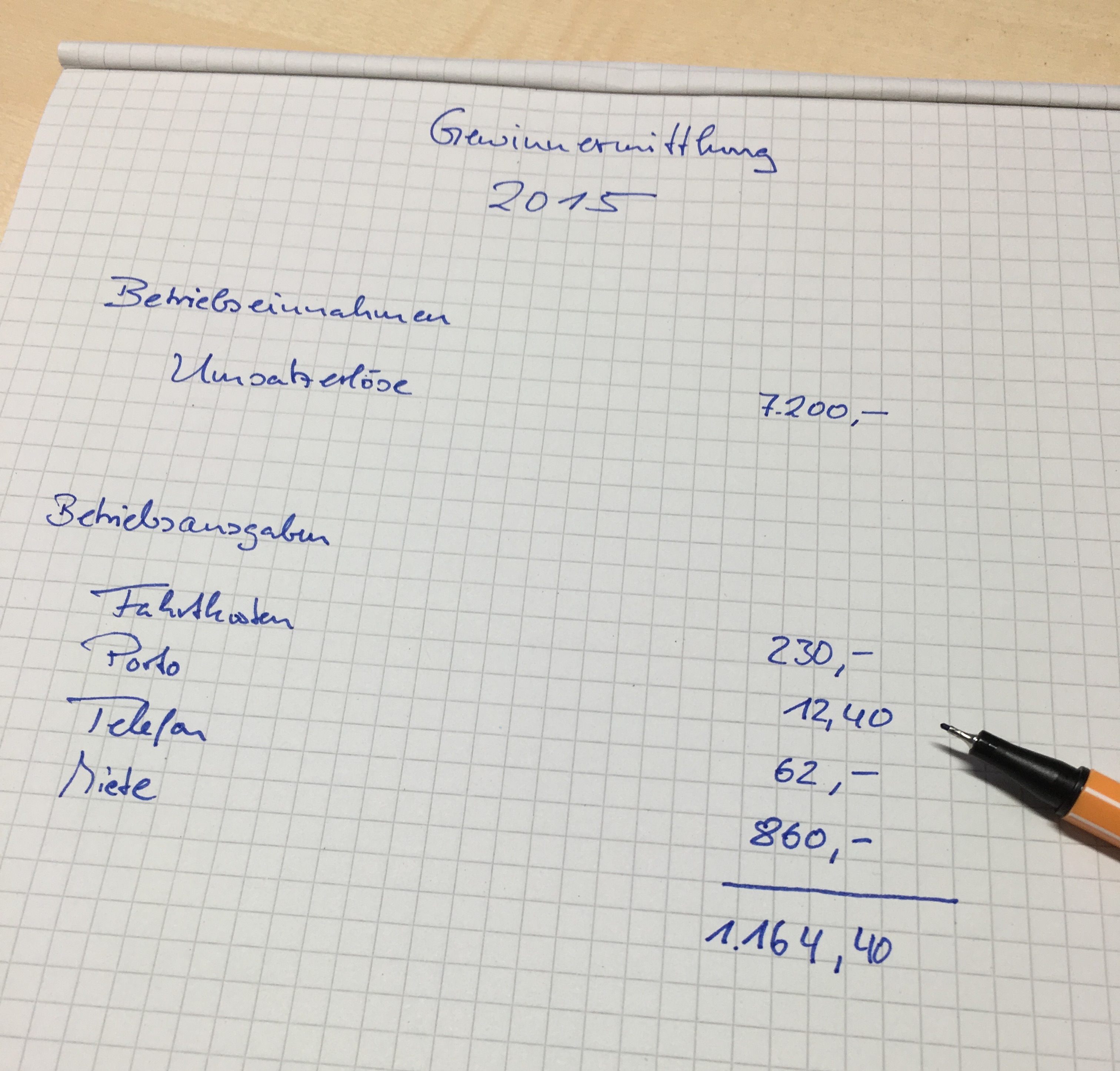 handschriftliche formlose Gewinnermittlung mit blauem Stift auf karriertem Papier