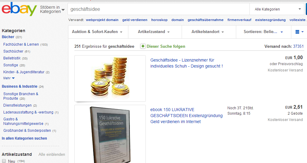 Screenshot ebay, hier Geschäftsidee finden