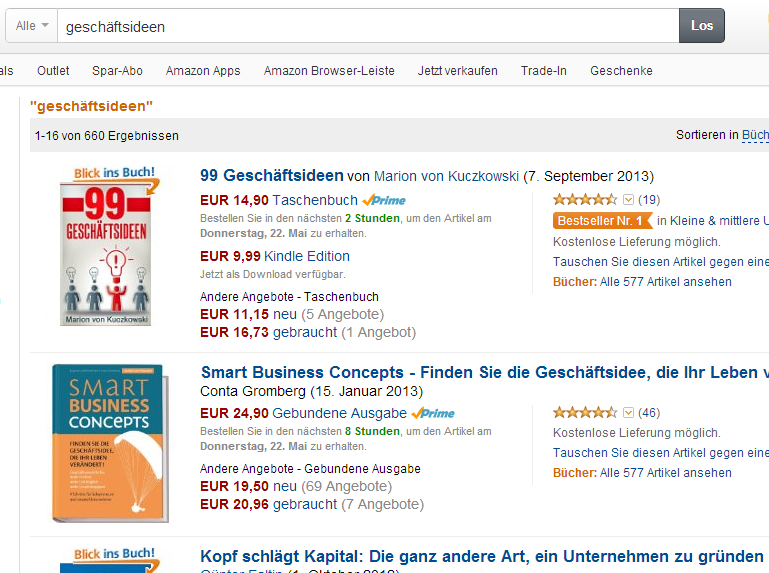 Suchergebnisse Geschäftsideen auf amazon.de, hier: Geschäftsidee finden