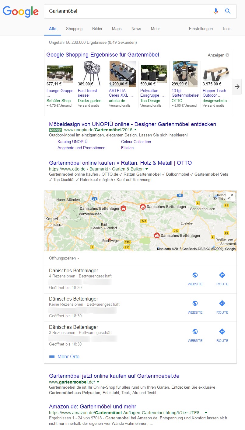 Google Screenshot Suchergebnisseite (Serp) zum Thema Gartenmöbel als Beispiel für SEO Grundkurs