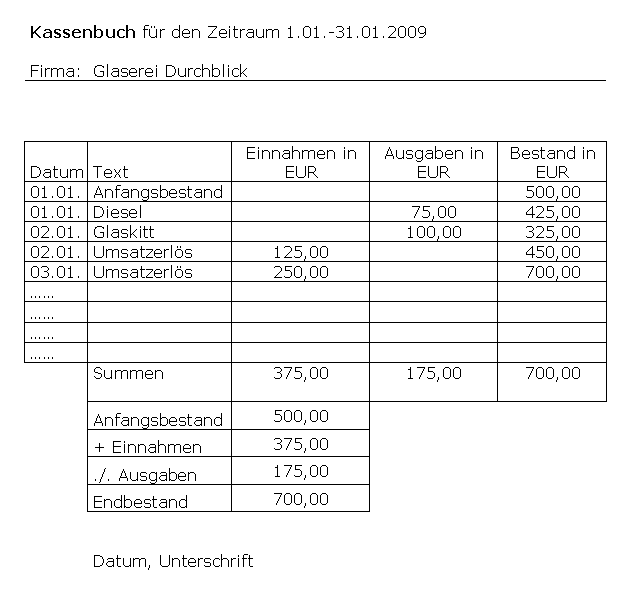 Vorschau Kassenblatt, hier: Wie führt man ein Kassenbuch?