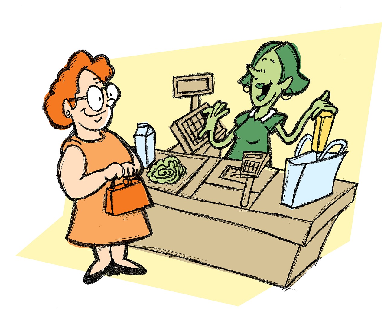 Ein Cartoon: eine Frau steht an der Kasse, hier: Häufige Fragen zu den Ladenöffnungszeiten