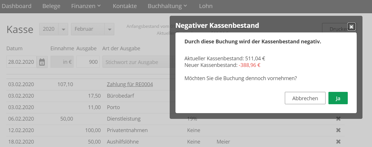 Warnung von lexoffice bei negativem Kassenbestand