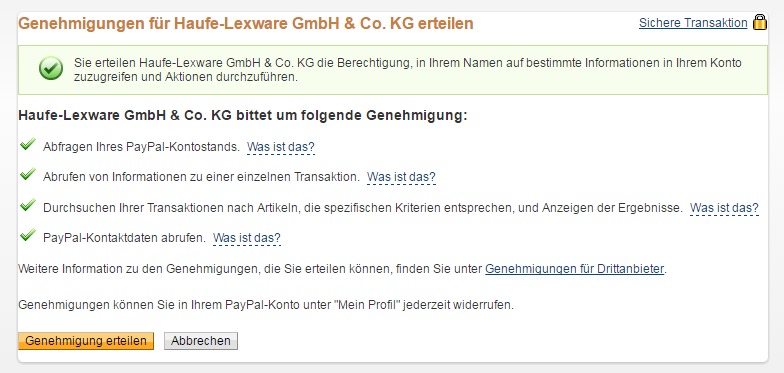 Genehmigung für Haufe Lexware via lexoffice Verknüpfung mit paypal herzustellen