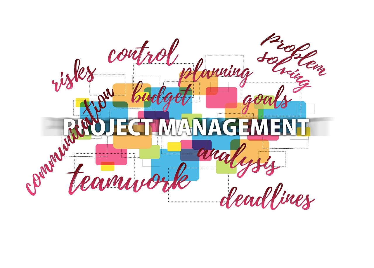 Wortsammlung: Project Management, teamwork, deadlines, problem solving, planning, goals, budget, control, planning...