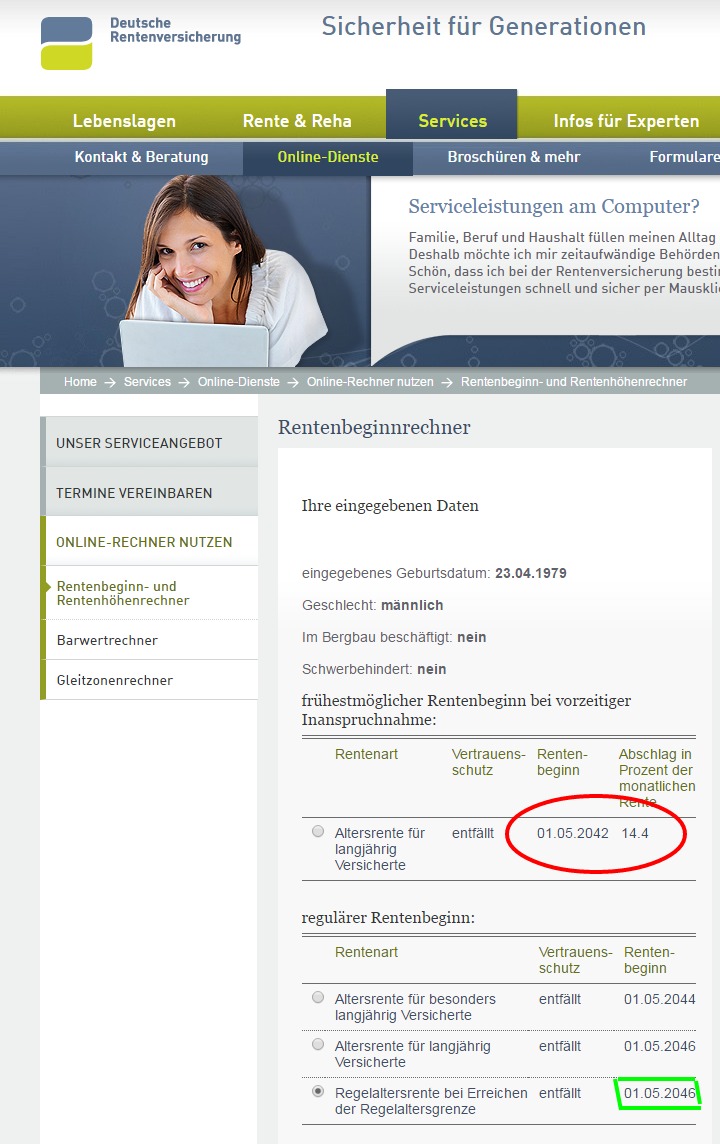 Screenshot DRV Rentenbeginn onlinerechner