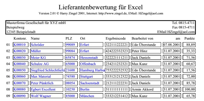 Excel Datenerfassung Lieferantenbeurteilung