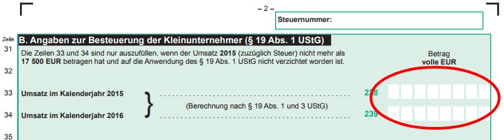 Auszug Umsatzsteuerformular 2016: Abschnitt Kleinunternehmerregelung