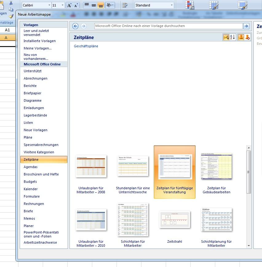 Bildschirmausschnitt MS Office Excel, zeigt die Vorlagen zum Thema Zeitpläne
