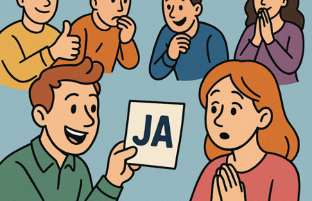 viele personen mit unterschiedlichem Gesichtsausdruck, in der Mitte eine karte mit dem wort JA