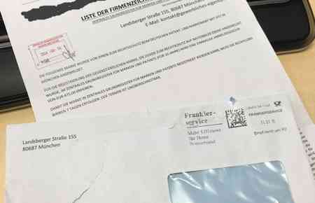 Umschlag und Brief des Registerbetrugs im Fall DPMA bei Markeneintragung