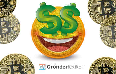 Mit mit Bitcoinmünzen in den Augen und einem fiesen Krypto Grinsen, hier: Mit Bitcoin Geld verdienen
