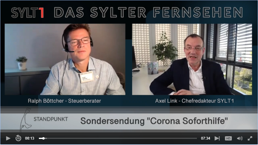 screenshot sylt1 tv interview mit ralph böttcher zum thema corona soforthilfe und subventionsbetrug straftat von unternehmern, beim ausfüllen des antrags